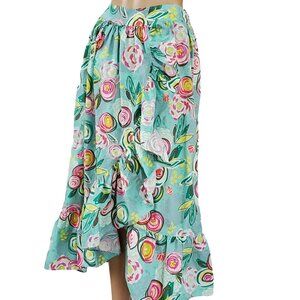 Boho Revival Floral Midi Skirt Women's Small Hi Low Ruffle Elastic Waist Cotton